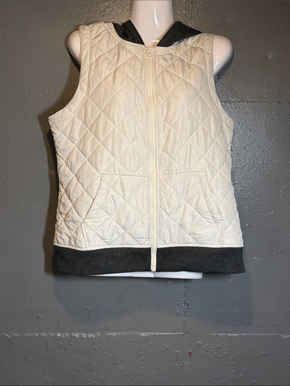 Style & Co. Quilted Hooded Sleeveless Vest in Cream with Charcoal Trim